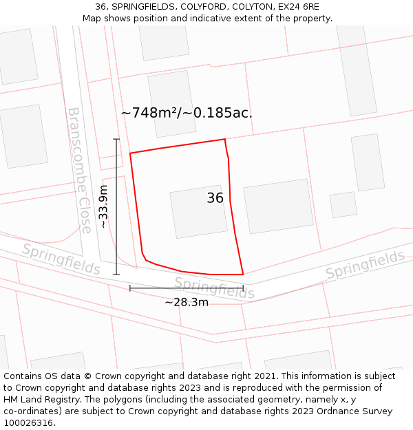 36, SPRINGFIELDS, COLYFORD, COLYTON, EX24 6RE: Plot and title map