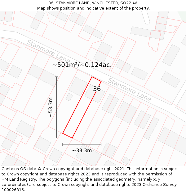 36, STANMORE LANE, WINCHESTER, SO22 4AJ: Plot and title map