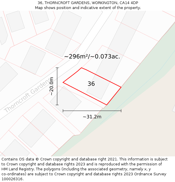 36, THORNCROFT GARDENS, WORKINGTON, CA14 4DP: Plot and title map