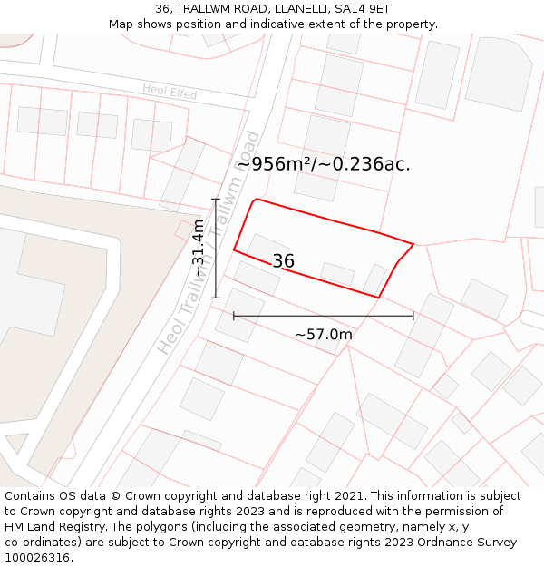 36, TRALLWM ROAD, LLANELLI, SA14 9ET: Plot and title map