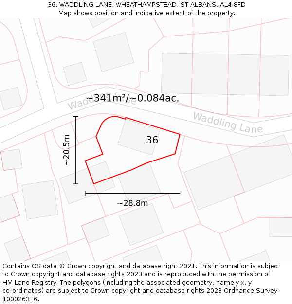 36, WADDLING LANE, WHEATHAMPSTEAD, ST ALBANS, AL4 8FD: Plot and title map