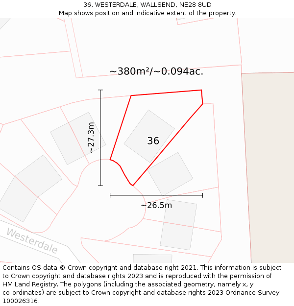 36, WESTERDALE, WALLSEND, NE28 8UD: Plot and title map