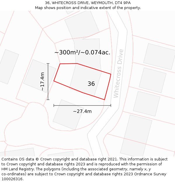 36, WHITECROSS DRIVE, WEYMOUTH, DT4 9PA: Plot and title map
