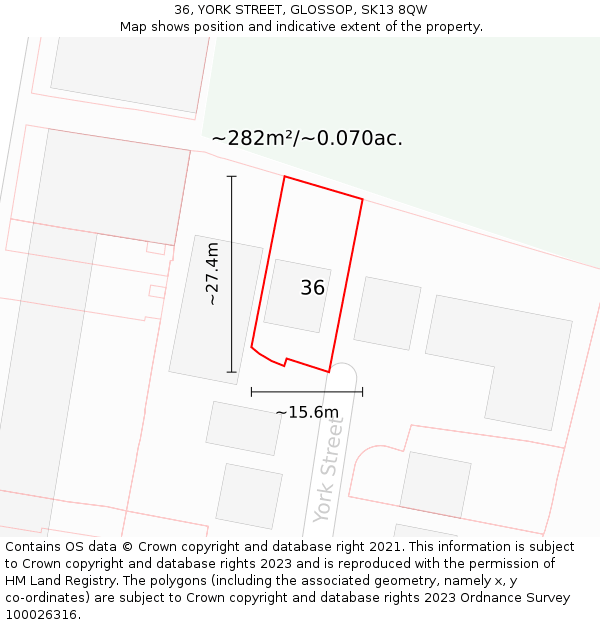 36, YORK STREET, GLOSSOP, SK13 8QW: Plot and title map