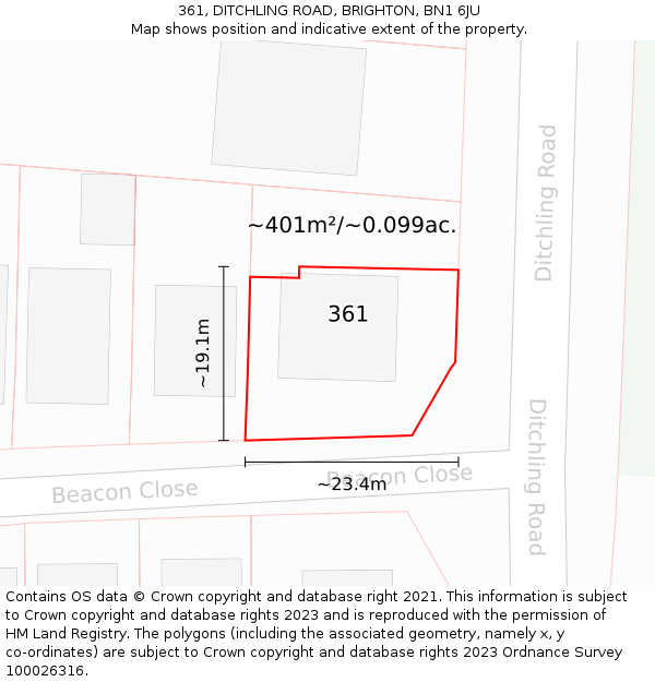 361, DITCHLING ROAD, BRIGHTON, BN1 6JU: Plot and title map