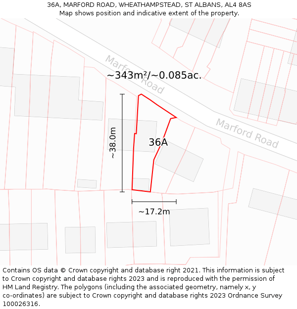 36A, MARFORD ROAD, WHEATHAMPSTEAD, ST ALBANS, AL4 8AS: Plot and title map