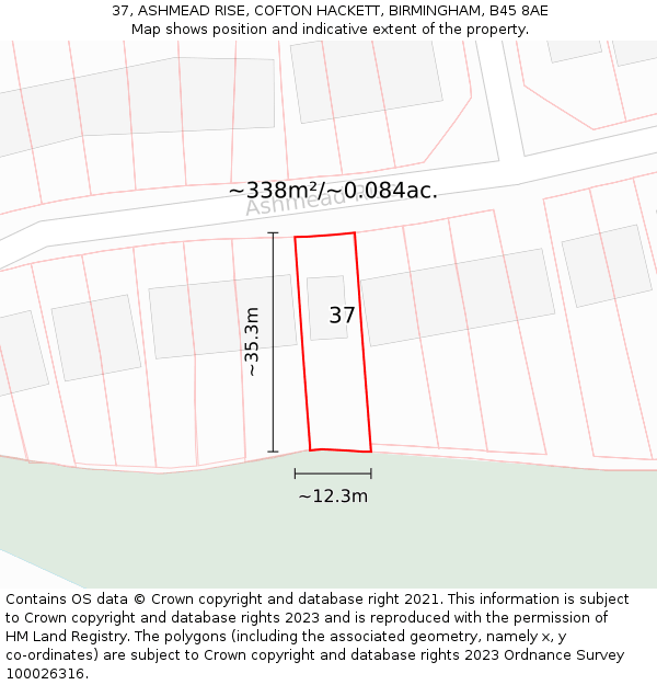 37, ASHMEAD RISE, COFTON HACKETT, BIRMINGHAM, B45 8AE: Plot and title map