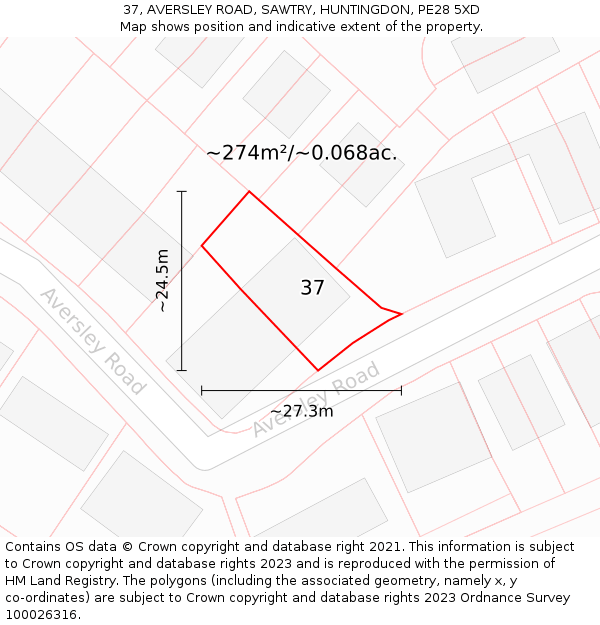 37, AVERSLEY ROAD, SAWTRY, HUNTINGDON, PE28 5XD: Plot and title map