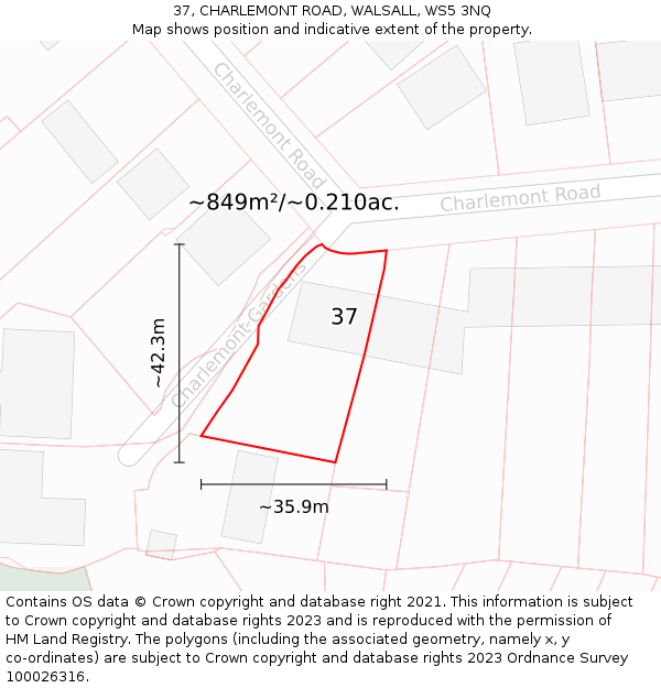 37, CHARLEMONT ROAD, WALSALL, WS5 3NQ: Plot and title map
