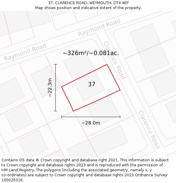 37, CLARENCE ROAD, WEYMOUTH, DT4 9EF: Plot and title map