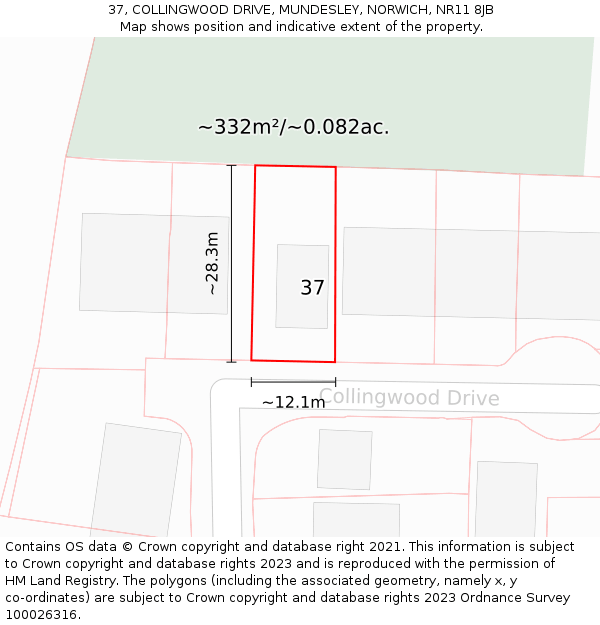 37, COLLINGWOOD DRIVE, MUNDESLEY, NORWICH, NR11 8JB: Plot and title map