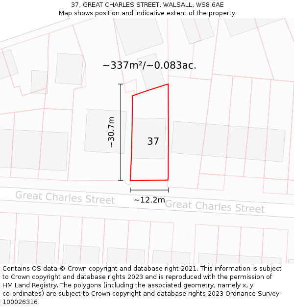 37, GREAT CHARLES STREET, WALSALL, WS8 6AE: Plot and title map