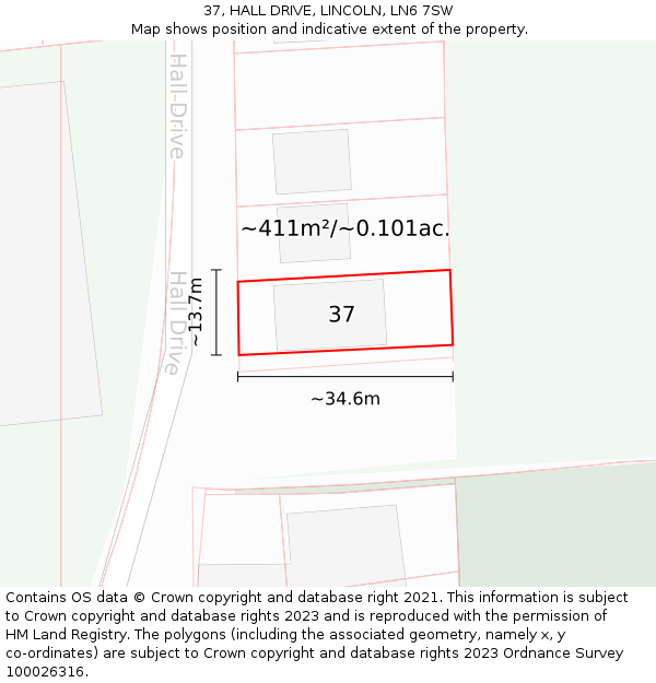37, HALL DRIVE, LINCOLN, LN6 7SW: Plot and title map