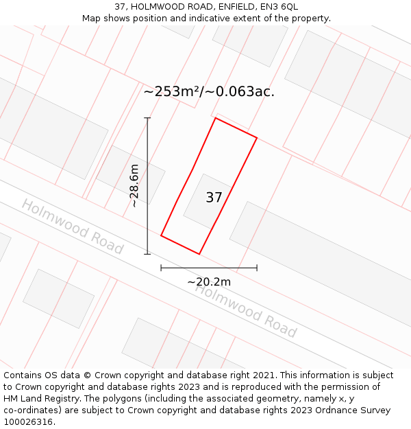 37, HOLMWOOD ROAD, ENFIELD, EN3 6QL: Plot and title map