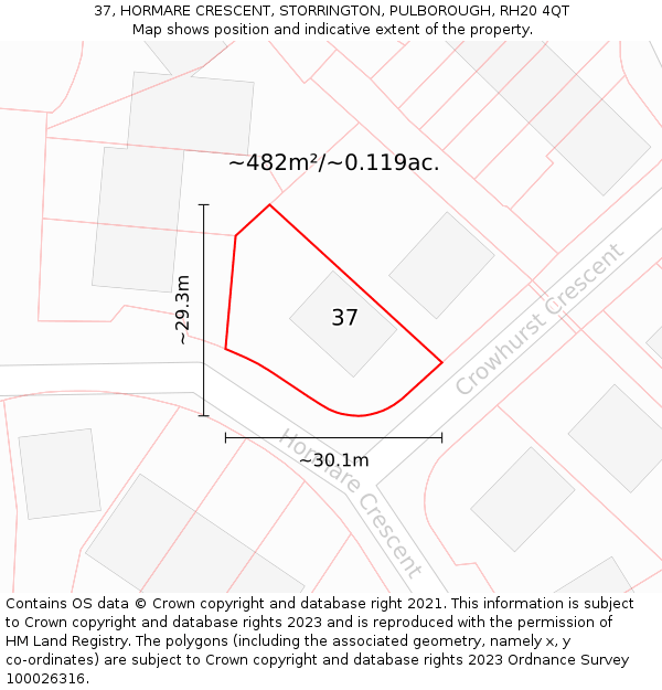 37, HORMARE CRESCENT, STORRINGTON, PULBOROUGH, RH20 4QT: Plot and title map