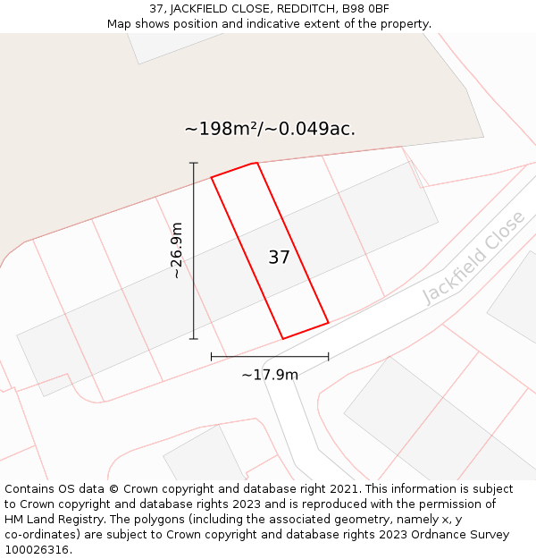 37, JACKFIELD CLOSE, REDDITCH, B98 0BF: Plot and title map