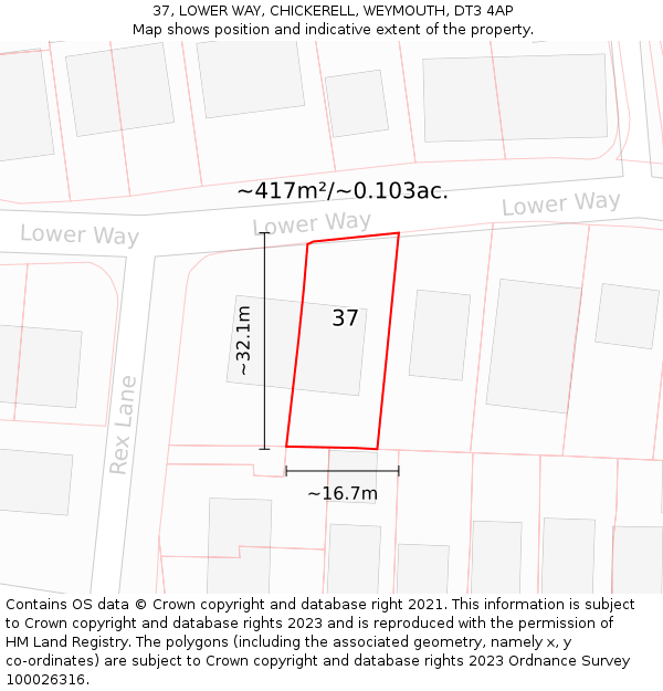 37, LOWER WAY, CHICKERELL, WEYMOUTH, DT3 4AP: Plot and title map