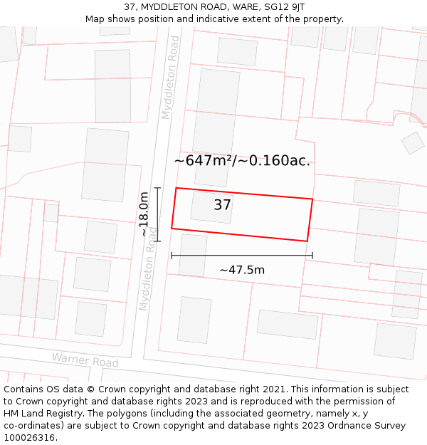 37, MYDDLETON ROAD, WARE, SG12 9JT: Plot and title map