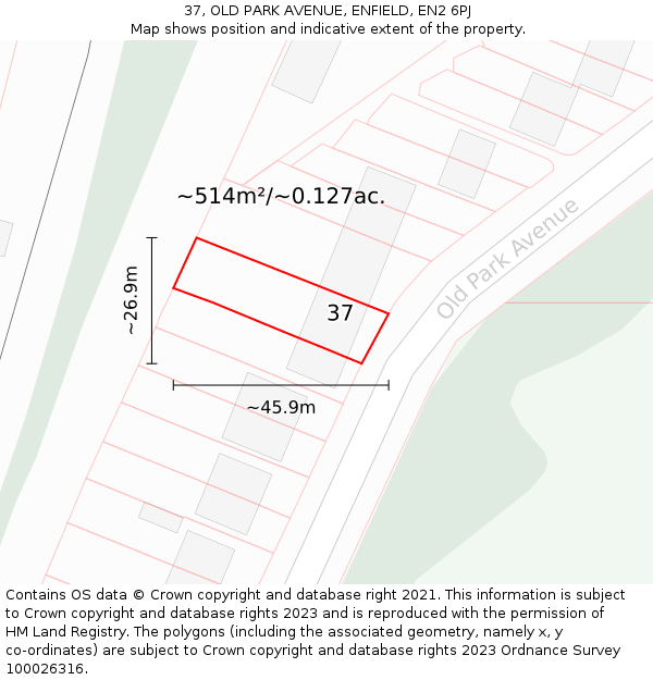 37, OLD PARK AVENUE, ENFIELD, EN2 6PJ: Plot and title map