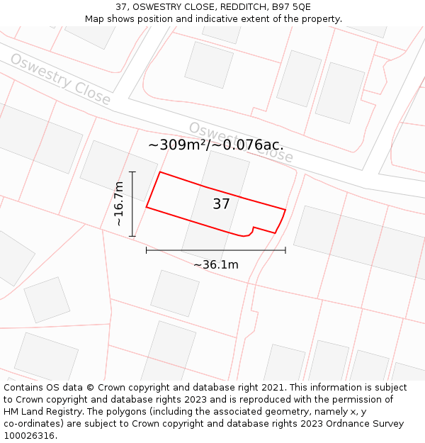 37, OSWESTRY CLOSE, REDDITCH, B97 5QE: Plot and title map