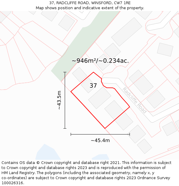 37, RADCLIFFE ROAD, WINSFORD, CW7 1RE: Plot and title map