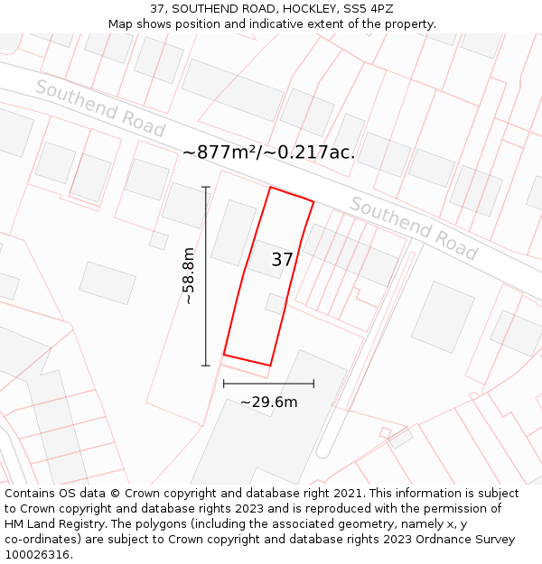 37, SOUTHEND ROAD, HOCKLEY, SS5 4PZ: Plot and title map