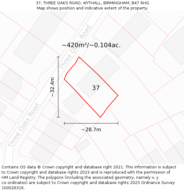 37, THREE OAKS ROAD, WYTHALL, BIRMINGHAM, B47 6HG: Plot and title map