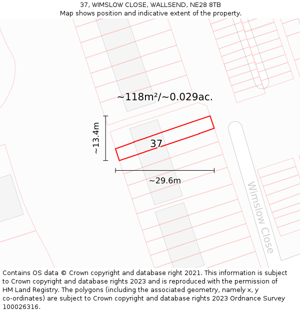37, WIMSLOW CLOSE, WALLSEND, NE28 8TB: Plot and title map