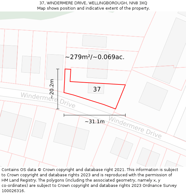 37, WINDERMERE DRIVE, WELLINGBOROUGH, NN8 3XQ: Plot and title map