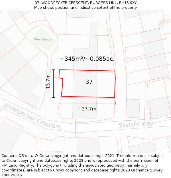 37, WOODPECKER CRESCENT, BURGESS HILL, RH15 9XY: Plot and title map