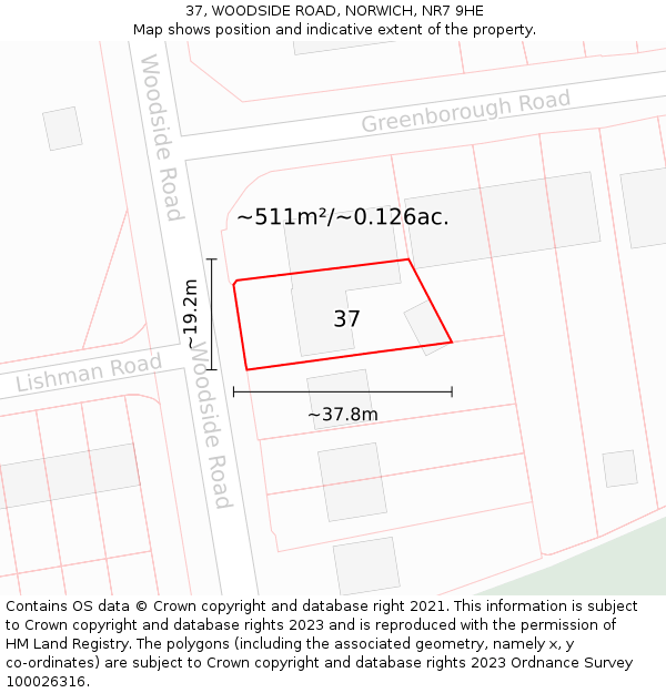 37, WOODSIDE ROAD, NORWICH, NR7 9HE: Plot and title map