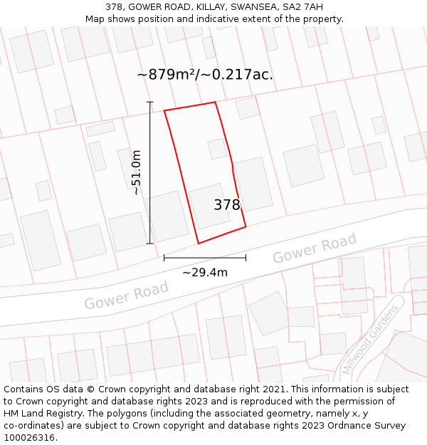 378, GOWER ROAD, KILLAY, SWANSEA, SA2 7AH: Plot and title map