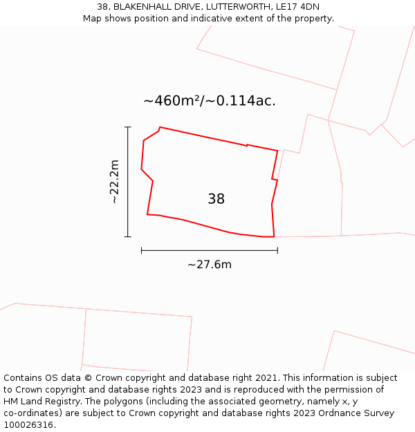 38, BLAKENHALL DRIVE, LUTTERWORTH, LE17 4DN: Plot and title map