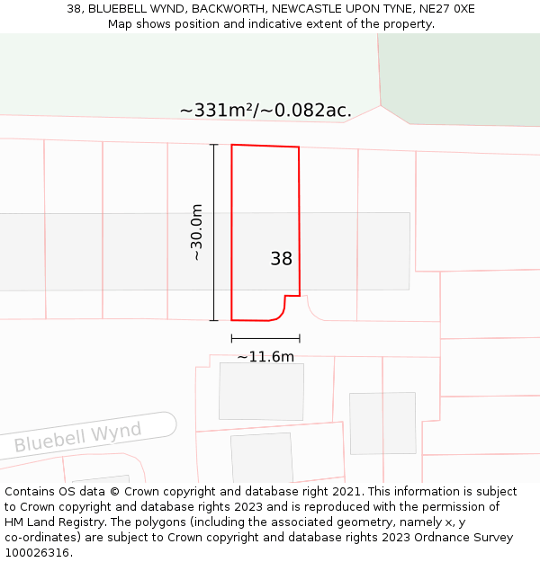 38, BLUEBELL WYND, BACKWORTH, NEWCASTLE UPON TYNE, NE27 0XE: Plot and title map