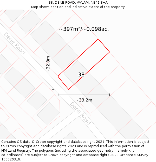 38, DENE ROAD, WYLAM, NE41 8HA: Plot and title map