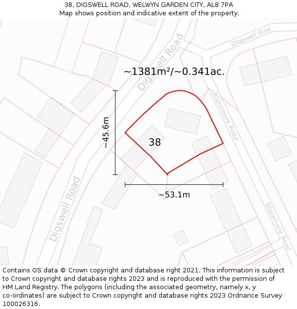 38, DIGSWELL ROAD, WELWYN GARDEN CITY, AL8 7PA: Plot and title map