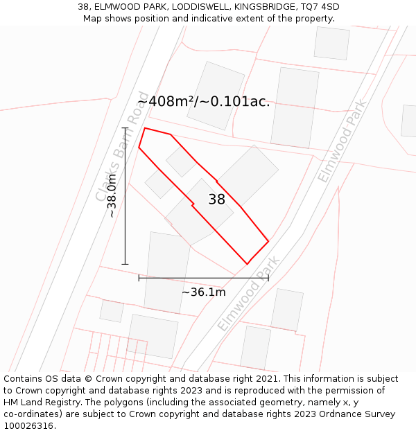 38, ELMWOOD PARK, LODDISWELL, KINGSBRIDGE, TQ7 4SD: Plot and title map