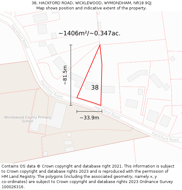 38, HACKFORD ROAD, WICKLEWOOD, WYMONDHAM, NR18 9QJ: Plot and title map