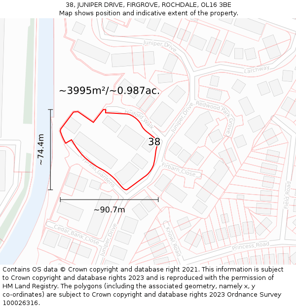 38, JUNIPER DRIVE, FIRGROVE, ROCHDALE, OL16 3BE: Plot and title map