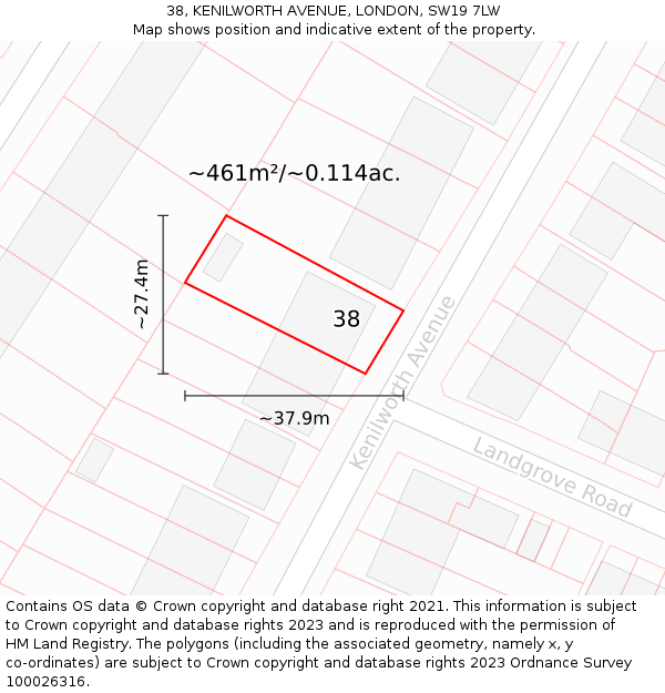 38, KENILWORTH AVENUE, LONDON, SW19 7LW: Plot and title map