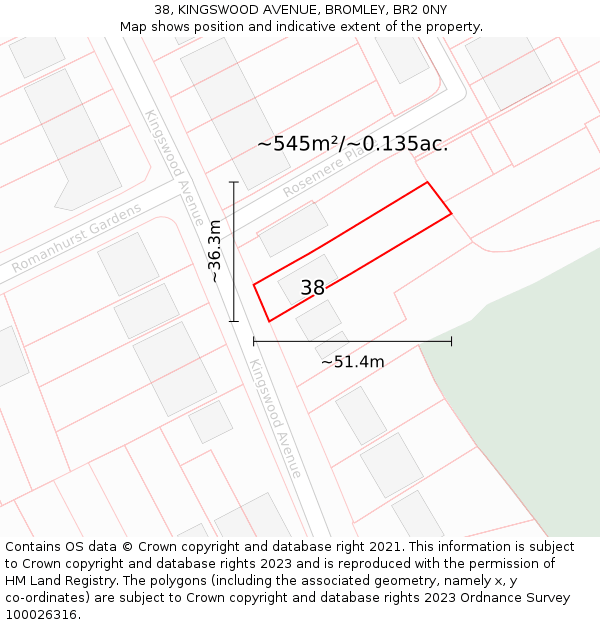 38, KINGSWOOD AVENUE, BROMLEY, BR2 0NY: Plot and title map