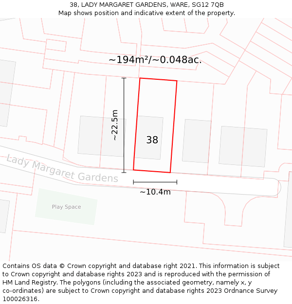 38, LADY MARGARET GARDENS, WARE, SG12 7QB: Plot and title map