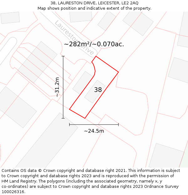 38, LAURESTON DRIVE, LEICESTER, LE2 2AQ: Plot and title map