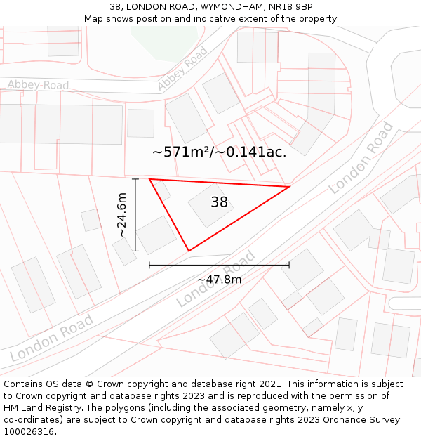 38, LONDON ROAD, WYMONDHAM, NR18 9BP: Plot and title map