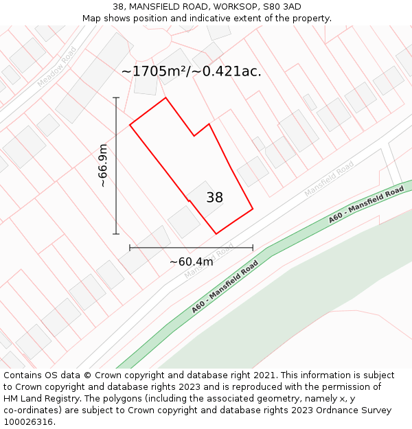 38, MANSFIELD ROAD, WORKSOP, S80 3AD: Plot and title map