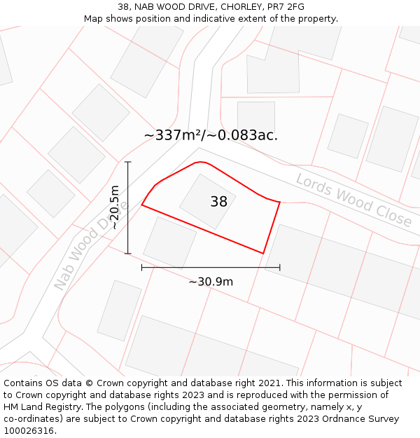 38, NAB WOOD DRIVE, CHORLEY, PR7 2FG: Plot and title map