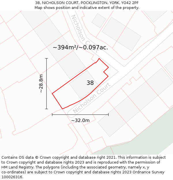 38, NICHOLSON COURT, POCKLINGTON, YORK, YO42 2PF: Plot and title map