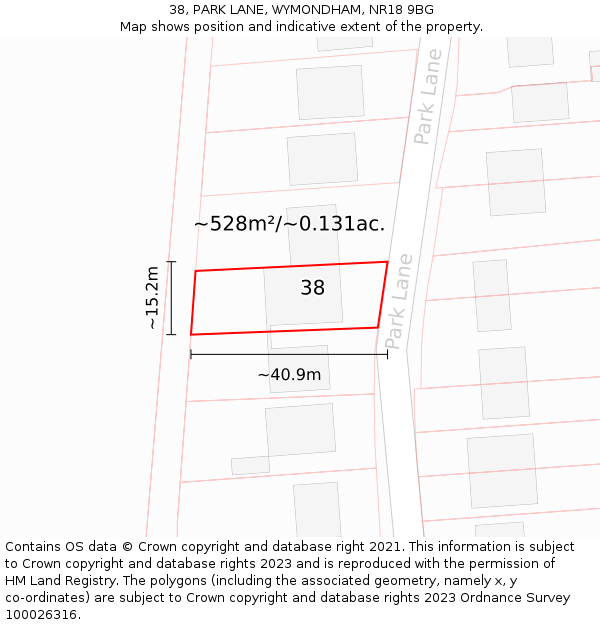 38, PARK LANE, WYMONDHAM, NR18 9BG: Plot and title map