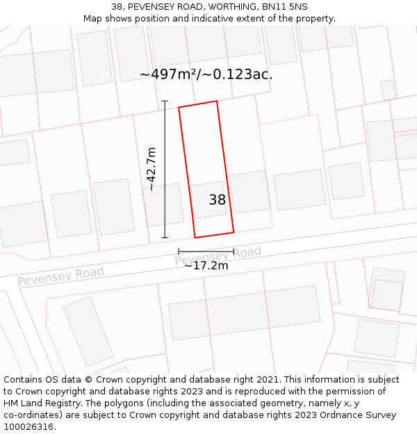 38, PEVENSEY ROAD, WORTHING, BN11 5NS: Plot and title map