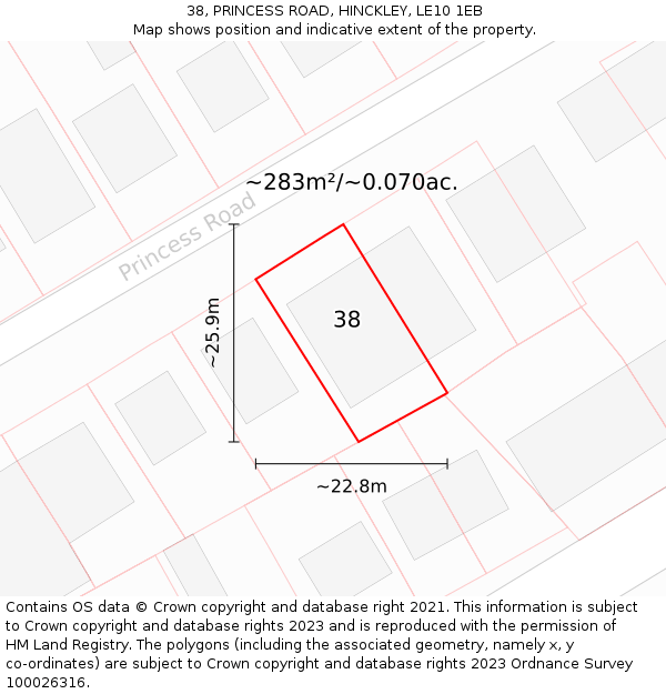 38, PRINCESS ROAD, HINCKLEY, LE10 1EB: Plot and title map